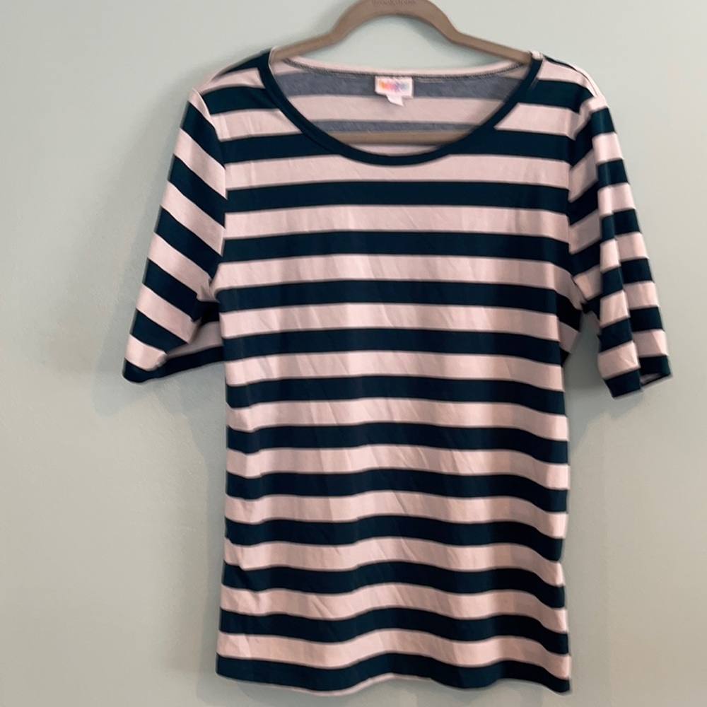 LuLaRoe XL blue green striped blouse